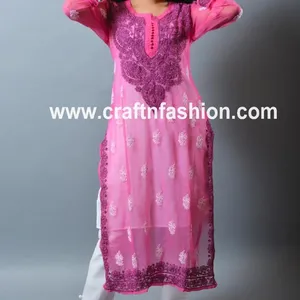 Chikan Embroidered Georgette Kurti - Indian Fashion Wear Designer Lucknowi Top - Chikankari Dress - Beach Wear Party Wear Top