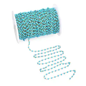 Venta al por mayor, cuentas turquesas, piedras preciosas, collar de cadena con cuentas de Rosario chapado en oro y plata 925 - Product Image 1
