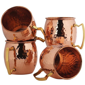 Set of 4 Pcs <b>Copper</b> Mug Hammered Finished With Brass <b>Handle</b> for Cold Drink Beer Drinking Kitchen Bar and Restaurants Use - Product Image 1