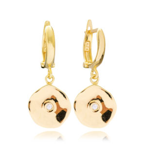 Pendientes colgantes redondos chapados en oro para mujer, Plata de Ley 925 hecha a mano turca, joyería - Product Image 1