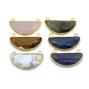 Liontin bezel emas setengah bulat liontin Labradorite jimat howlite fluorit mawar kuarsa manik-manik Druzy dengan ganda