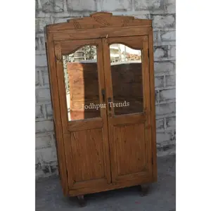 Industrial y sólido, vintage, regalo de madera de gabinete de vidrio de 2 puertas