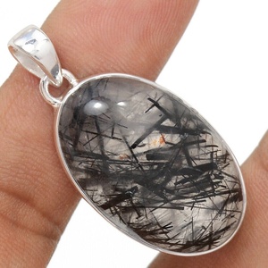 Bijoux élégants de grande forme ovale en argent sterling 925 avec pendentif en quartz rutile noir pour fournisseur en gros - Product Image 1