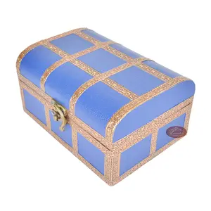 BLUE TREASURE CHEST, ARTIFICIAL LEATHER FINISH, WOODEN HANDMADE JEWELRY BOX (7"x5"x3" INCH) BLUE