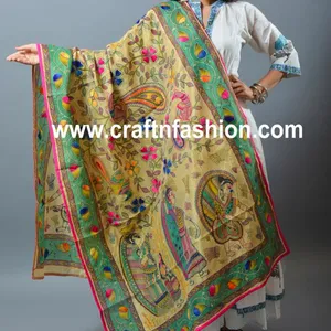 Peacock Design Embroidered Kalamkari Phulkari Stole - Hand Embroidered Dupatta - Floral Design Handmade Stole - Colorful Dupatta