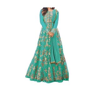 Elegante Vestido Largo de Organza Bordado en Color Verde Azulado, con Estampado Floral, Mangas Largas, Cuello Barco y Corte en A - Product Image 1