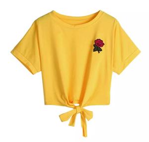 Gran oferta encaje costura Color sólido Rosa estampado seda Slim mujeres Crop Tops blusa 2024 colección - Product Image 1