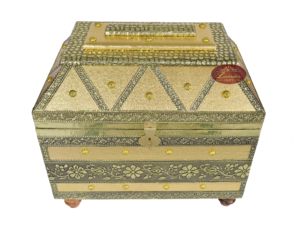 BIG TREASURE CHEST (RAJWADI PITARA) STYLE, ARTIFICIAL LEATHER FINISH, <b>WOODEN</b> HANDMADE JEWELLERY BOX (12"x8"x8" INCH) - GOLDEN - Product Image 4