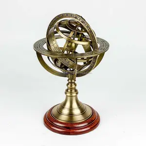 בציר גלגל המזלות Armillary פליז כדור עץ בסיס עתיק פליז גימור Astrolabe הימי ימי שולחן 5 "שולחן Astrolabe