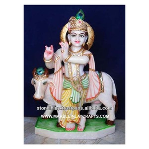Stone Krishna Statue With Cow - Product Image 1