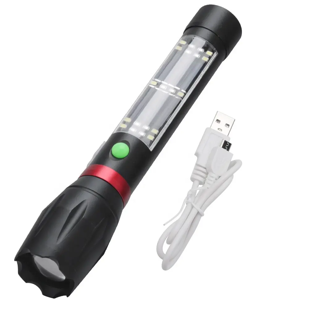Senter LED Zoom USB Isi Ulang Daya, Model Baru Klakson Alarm Tenaga Surya Lampu Senter