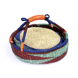 African Handmade Bolga Basket with Bright Color Weave and <b>Leather</b> Handle for Decorative Storage or Grocery <b>Shopping</b> - Product Image 4