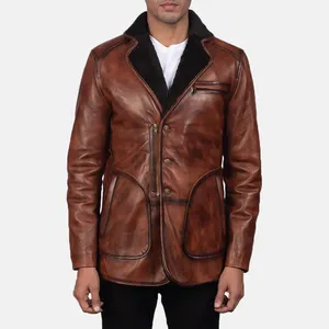 Rocky Brown Fur Leather Coat vintage look Stylish and Elegant Pattern Biker Style Men Genuine Leather Jacket