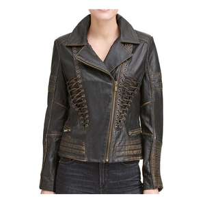 Chaqueta de carreras de alta calidad de ajuste personalizado para mujer piel de oveja ropa de calle de cuero Real cremallera estilo motorista prendas de vestir exteriores proceso terminado - Product Image 1