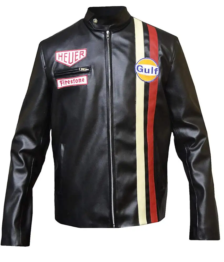 Giacche Gulf pelle sintetica uomo Steve Mcqueen Le Mans nero moto e Auto Racing BIKE Flyer RACING Team Name Sportswear