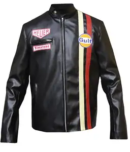 Jackets Gulf Synthetic Leather Man's Steve Mcqueen Le Mans Black Motorcycle & Auto Racing BIKE Flyer RACING Team Name Sportswear