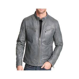 <b>Vintage</b> Biker Style Motorcycle <b>Jacket</b> Comfortable Classic Real Leather Fashion Outerwear with Mock Collar Durable Stylish - Product Image 1