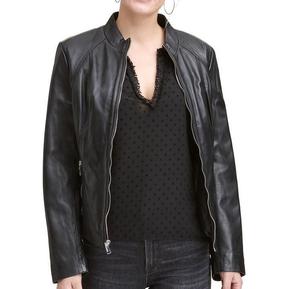 Chaqueta de cuero de talla grande a la moda de otoño para mujer con cremallera negra Abrigo de moda-Piel de oveja al por mayor - Product Image 3