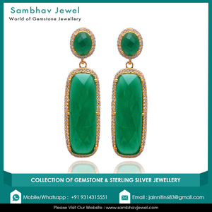925 Silver <b>Earring</b> 18kt Gold Plated Studded Green Onyx Gemstone With Vintage Handmade Wholesale Product Jewelry for Women - Product Image 3