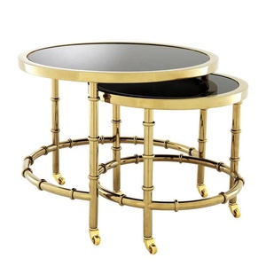 Set Of 2 Round Nesting <b>Tables</b> With <b>Black</b> Glass Tops And Gold Metal Frame - Product Image 1
