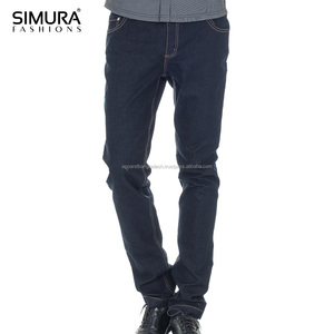 SIMURA Men's Slim Fit Dark Blue Cotton <b>Jeans</b> Mid <b>Waist</b> Casual Straight Leg Washed Denim Pants - Product Image 1