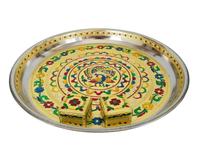 ASSIETTE DÉCORATIVE MEENAKARI EN ACIER INOXYDABLE PEACOCK/PUJA THALI-GOLDEN MEENA AVEC 2 GOBELETS (11 "X 11" X 0.75 "POUCES)
