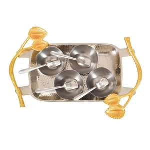 Indian Manufacturer Handicraft 4 Piece Set with Brass Hammered Trey Stainless Steel Ice Cream Bowl - Product Image 1