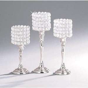Set of 3 Silver Color Brass <b>Crystal</b> Home Decorative Pillar Stand for Weddings and Christmas <b>Candle</b> and Tea Light Holder - Product Image 5