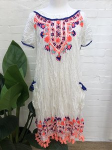 Vestido corto estilo jardín bohemio para mujer, Túnica de verano de algodón Aari bordado llamativo manga de burbuja exterior Tallas grandes - Product Image 6