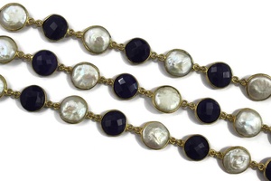 Calcedonia azul con perlas de piedras preciosas bisel conector chapado en oro Cadena de encontrar joyas - Product Image 2