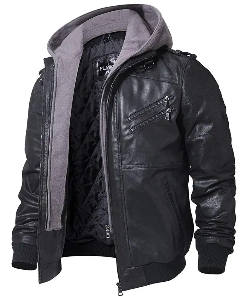 Men Black Leather Motorcycle Jackets with Removable Hood