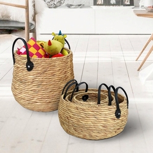 Set of 2 Round Natural Water Hyacinth Storage <b>Baskets</b> Hand Woven <b>Wicker</b> with Handle for <b>Laundry</b> Use - Product Image 4