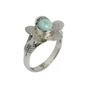 Silver Jewelry 925 Sterling Silver Natural Blue Larimar Gemstone Flower Adjustable Ring Engagement Gift For All