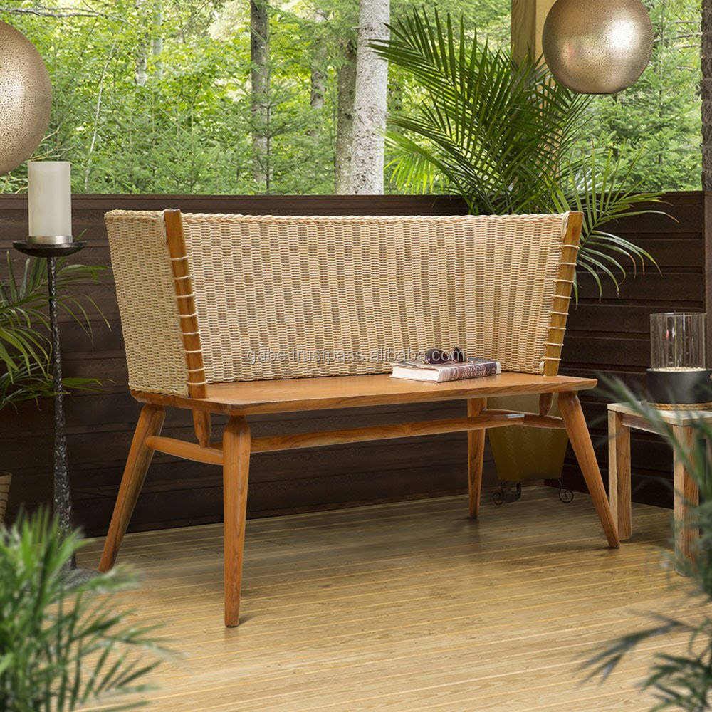 Wicker Bench with Back Solid Teak Rattan Outdoor Furniture