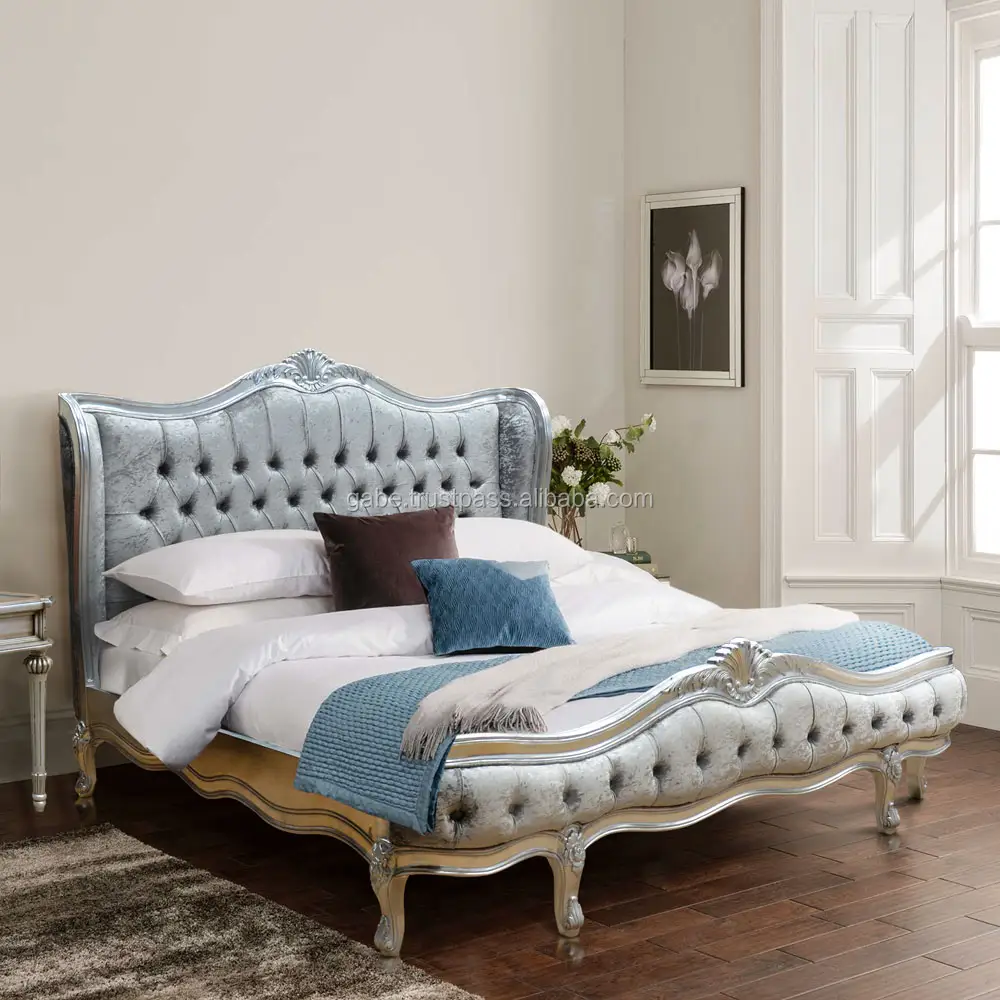 Frankreich Antikes Crushed Velvet Silver Bett, indonesische Holz betten, Holzbett produktion aus Asien