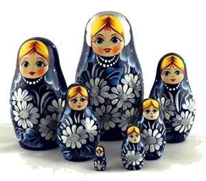Matroesjka Babooshka Matrioshka Donkerblauw Russische Nesting Houten Poppen Met Traditionele Bloem Schilderijen 7Pc