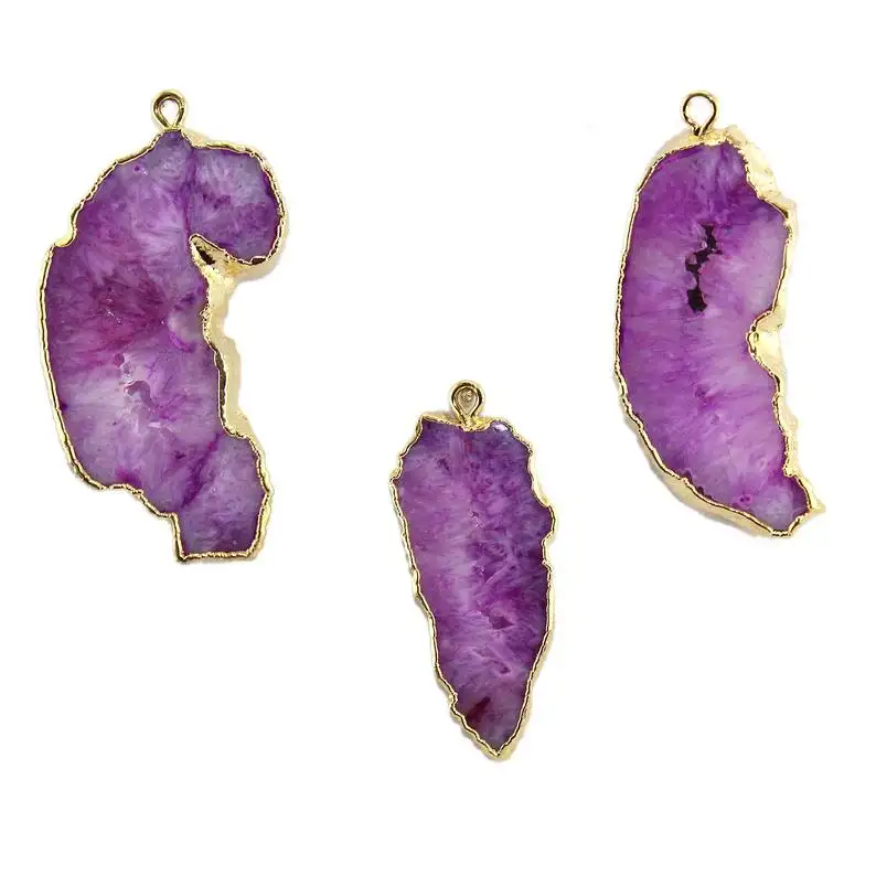 Best Selling Natural Purple Ágata Slice Druzy Latão 24k Ouro Galvanizado Edged Conectores DIY Único Bail Fazendo Conectores