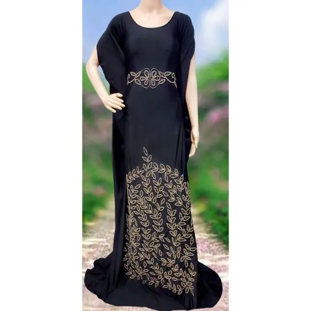 latest new beaded work short sleeves with o-neckline Muslim beaded abaya for party wear