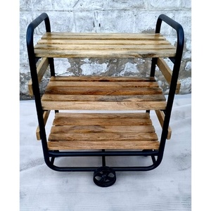 Modern Industrial Design Kitchen Trolley <b>Wooden</b> and Iron Furniture with <b>Wheels</b> Kitchen Furniture - Product Image 6