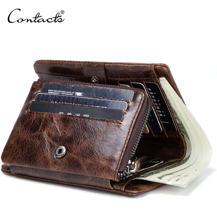 Genuine Leather Tri-Fold Slots Extra Capacity RFID Blocking Men's Wallet Bifold Credit Card ID Holder Zip Coins Purse