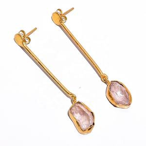Joyería de pendientes de piedras preciosas chapadas en oro de alta calidad, joyería antigua de piedras preciosas de cuarzo rosa crudo Natural, joyería de latón chapada en oro - Product Image 1