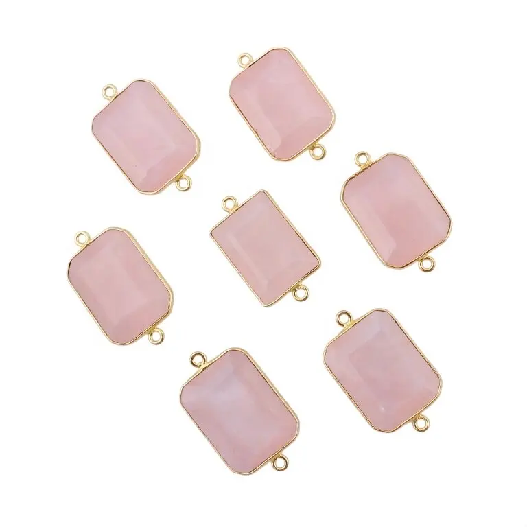 Rectangle Rose Quartz Gemstone Gold Plated Bezel Connectors Charm Jewelry