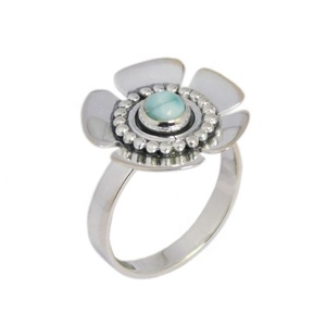 Indian Sterling Silver Jewelry Natural Larimar Hawaiian Gemstone Flower <b>Ring</b> Eternity Vermeil <b>Rings</b> Engagement Gift Her - Product Image 1