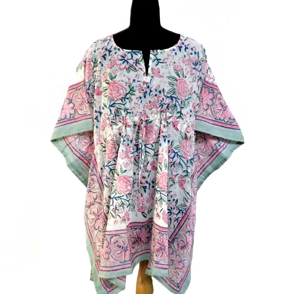 Naya gulab open unico abito da spiaggia taglia libera donna stringa blocco stampato a mano cotone caftano per la vendita al prezzo all'ingrosso