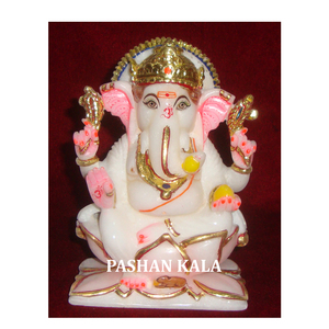 White Gold <b>Painted</b> Beautiful Marble Ganpati Sitting Statue - Product Image 1