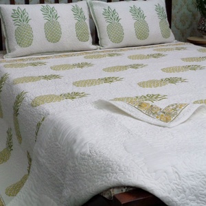 Direct Manufacturer's New Pineapple Lime Hand-Block Printed Cotton Queen Size <b>Quilted</b> <b>Bedspread</b> for Home Use Bulk Supply - Product Image 5