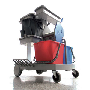 Carro de limpieza de plástico para hotel, suministros de limpieza profesional con prensa hacia abajo, cubo escurridor de doble fregona - Product Image 4