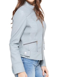 Center Zip Quilt Shoulder Leather <b>Jacket</b> Stylish Women's Biker Outerwear Soft Genuine Lambskin Comfortable and Trendy Wear - Product Image 6