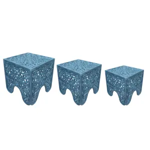 Modern Side Wooden Carved Decorative Table Living Room Furniture Modern MDF Floral Carved Wooden Bed Side Table Set of 3