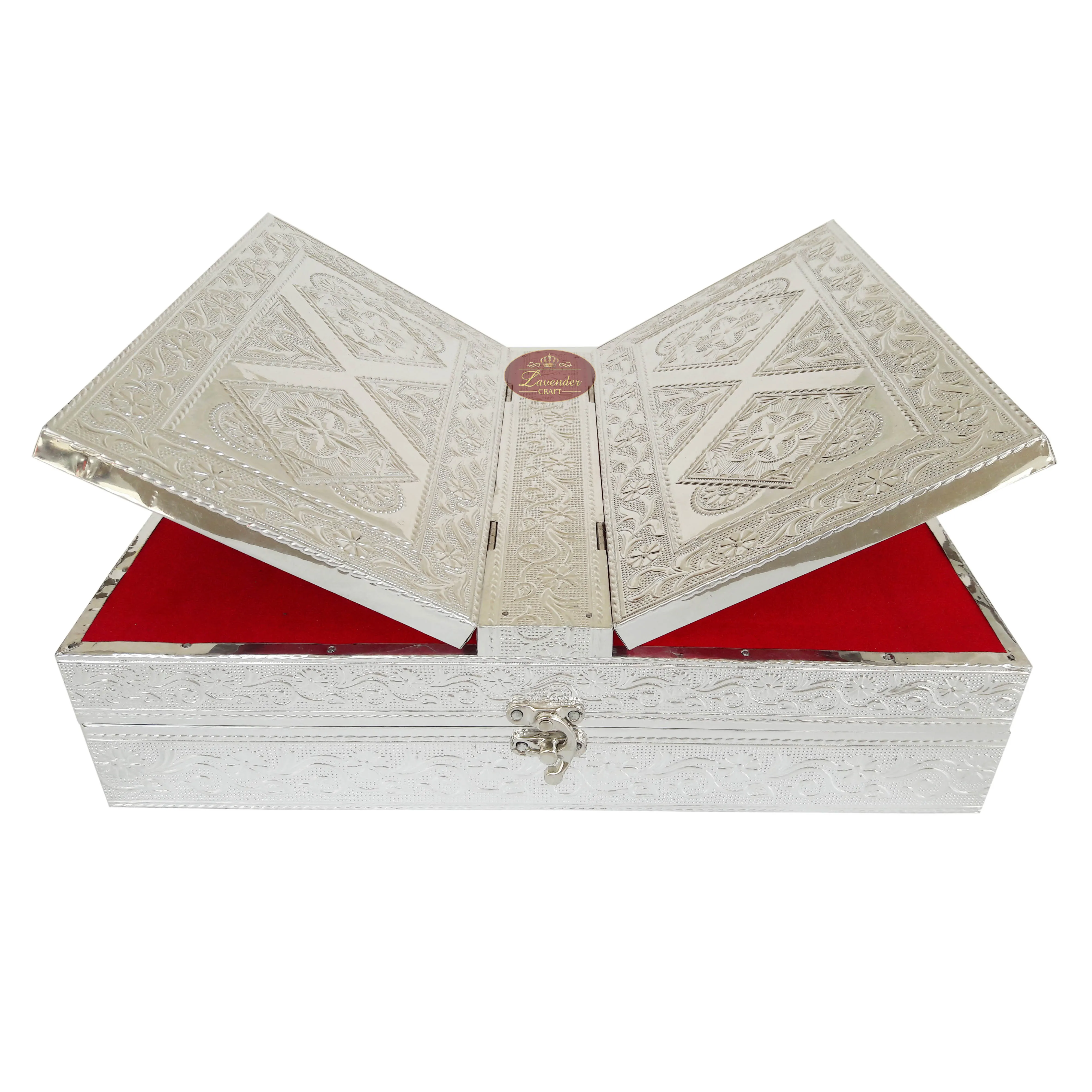SILVER COLOURED REHAL HOLY QURAN BOOK STAND-BOOK BOX - WOODEN HANDMADE, METAL FINISH (13.12 "x 10.12" x 3.67 "INCH)